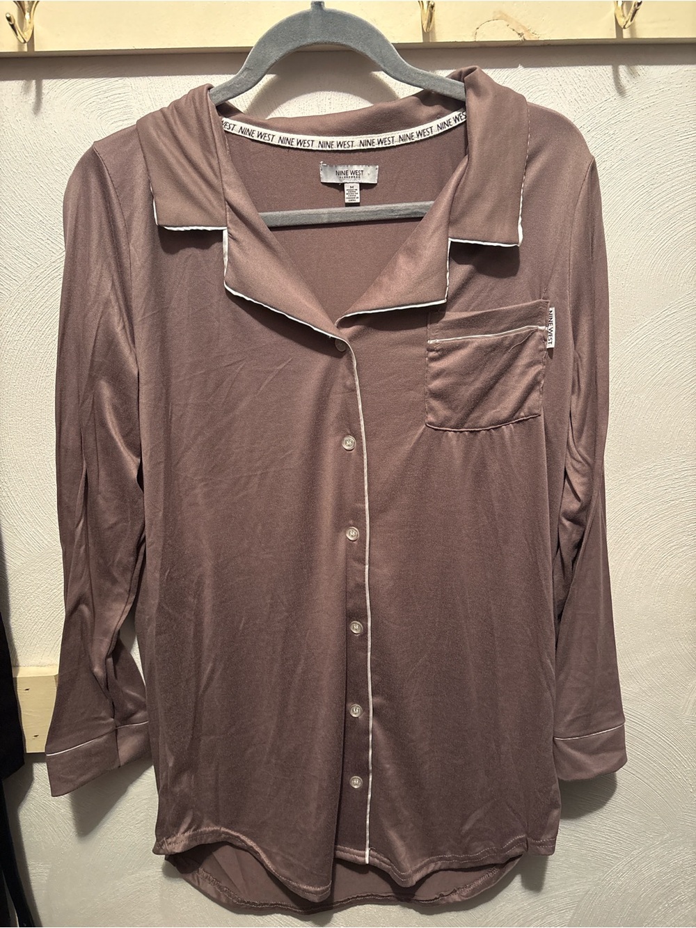Nine West Mauve-Taupe Button Front Pajama Shirt with Contrast Piping